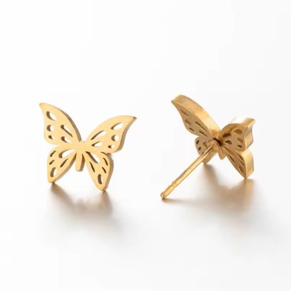 Gold Butterfly Earrings Stud Cute Minimalist Earrings Jewelry Gift for Her Steel - Picture 4 of 4